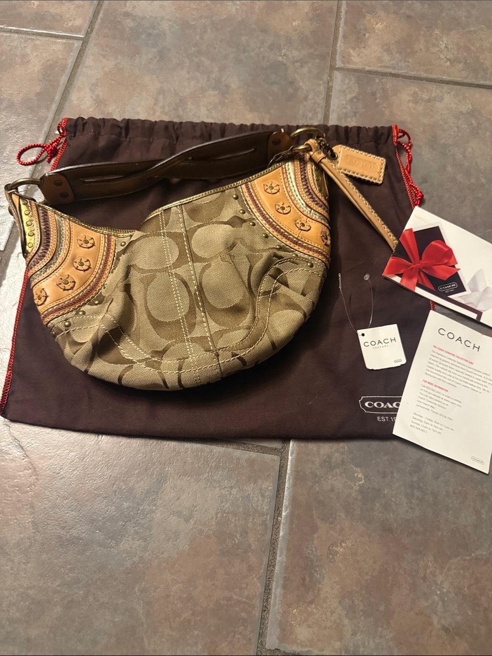 Vintage Coach Khaki and Tan Signature Canvas Shoulder Bag